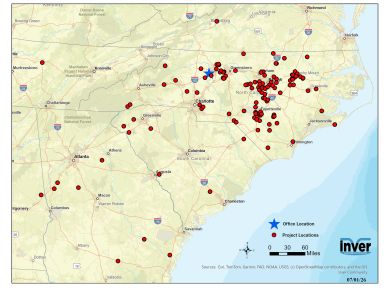 Map showing office and project locations in the southeastern US.