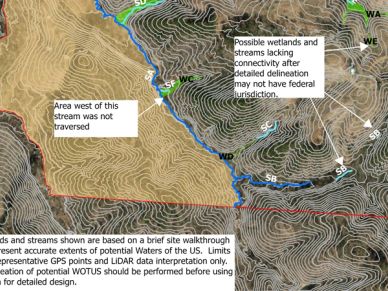 Map showing possible wetlands and streams with annotations.
