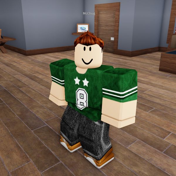 An in game screenshot of a McChug's roblox avatar, in his apartment 