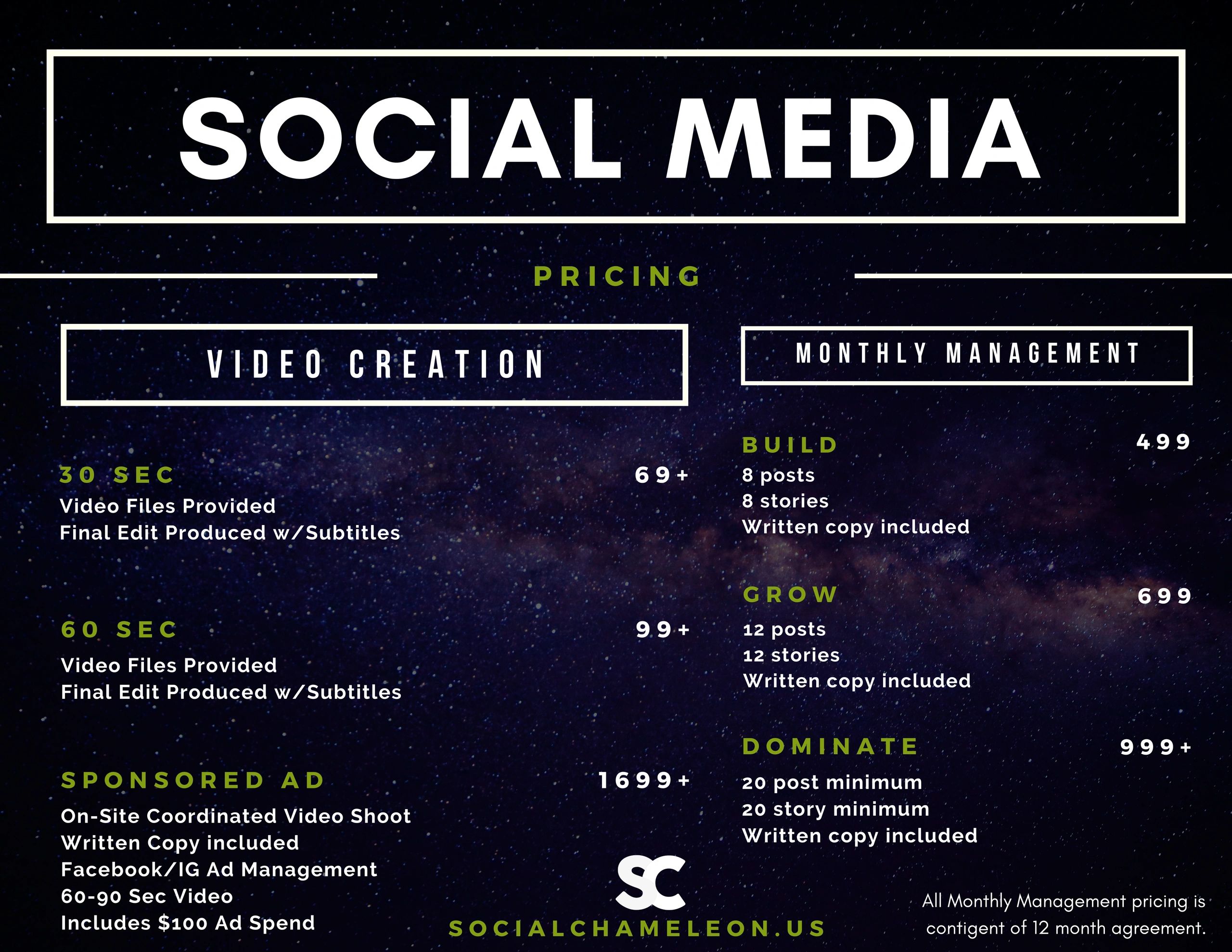 Social media pricing details for video creation and monthly management.