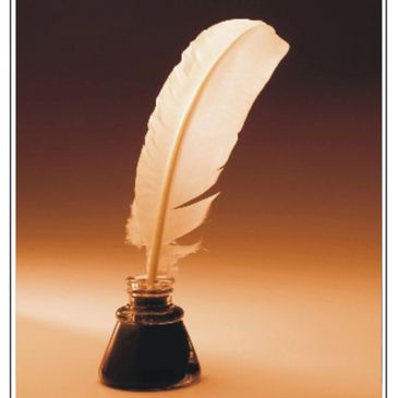 A white quill pen dipped in an ink bottle on a gradient brown background.