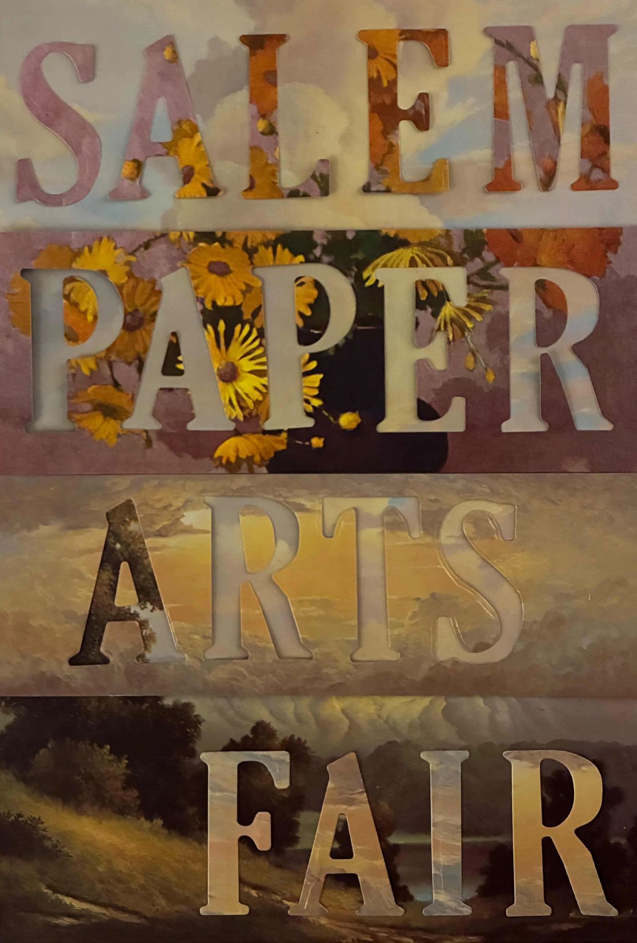 Colorful text collage with floral and landscape backgrounds.