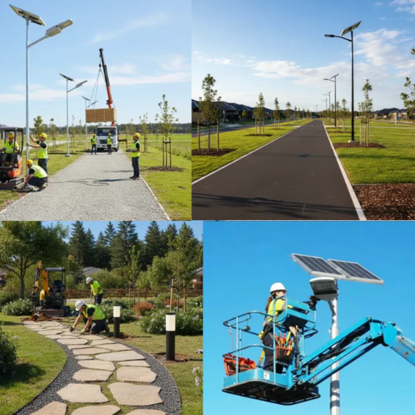 Workers installing solar-powered streetlights and pathways in a park, with the best solar lighting products. high-performance solar lights
off-grid LED lighting
solar lighting products