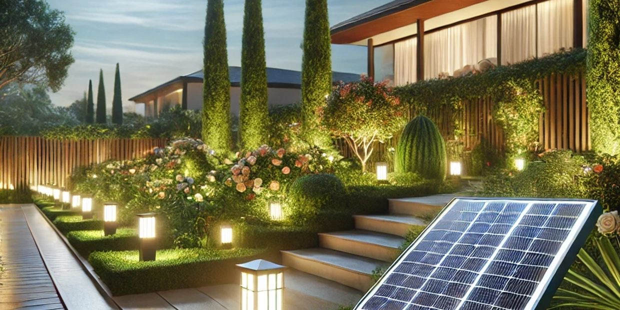 Elegant garden with solar lights and a modern house at dusk.