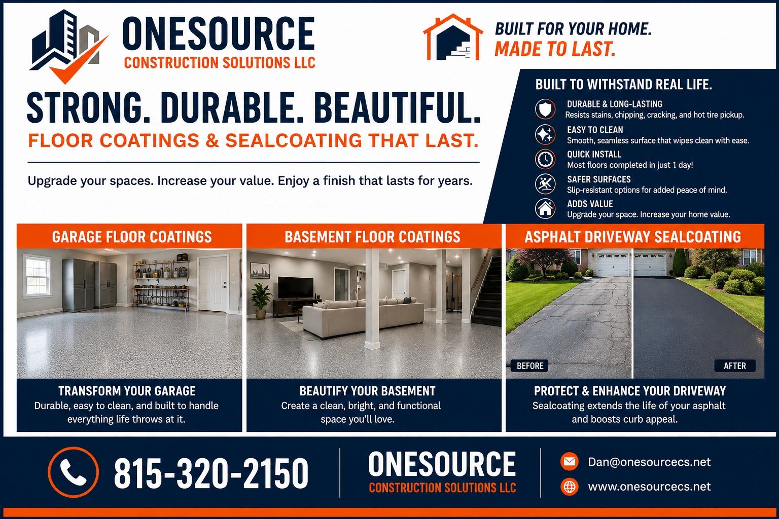 Onesource Construction Solutions offers durable floor coatings and sealcoating for garages, basements, and driveways.