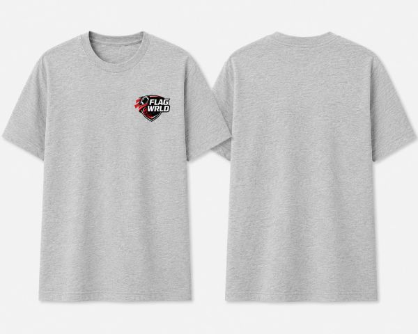 Gray t-shirt with 'FLAG WRLD' logo on front pocket area.
