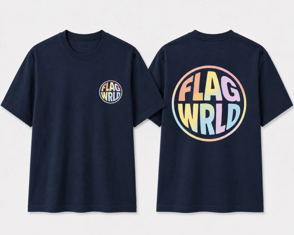 Navy blue T-shirt with colorful FLAG WRLD logo on front and back.