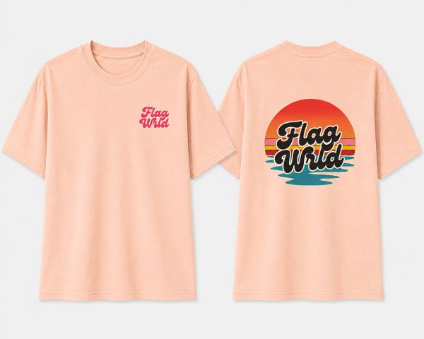 Peach t-shirt with vibrant 'Flag Wild' text and sunset design.