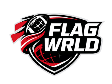 Logo for Flag WRLD with football and red streaks.
