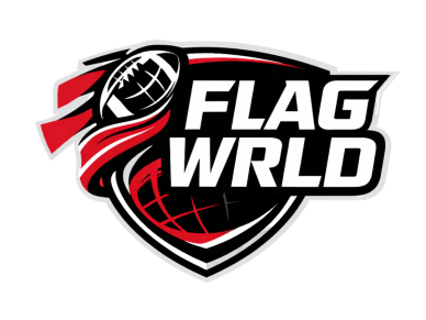 Logo for Flag WRLD with football and red streaks.