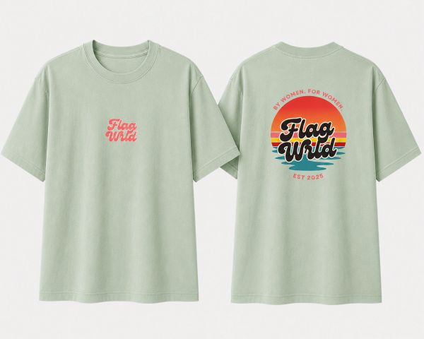 Two light green t-shirts with retro "Flag Wild" print.