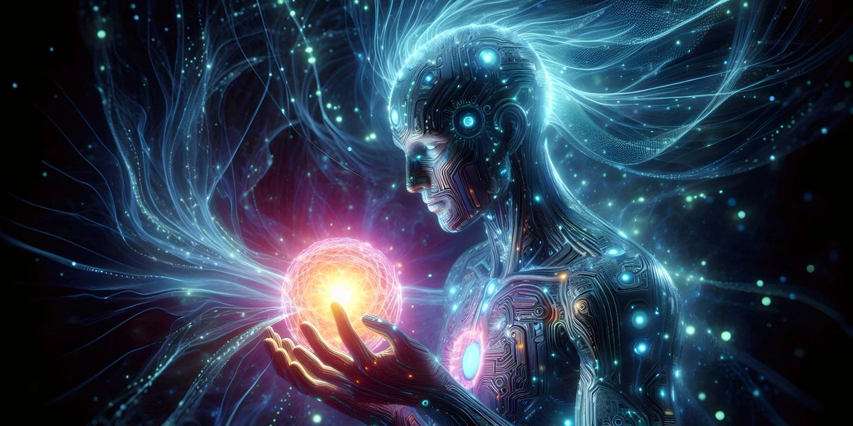 Futuristic cyborg holding a glowing energy orb.