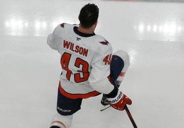 Hockey player Wilson kneeling on ice in uniform number 43.