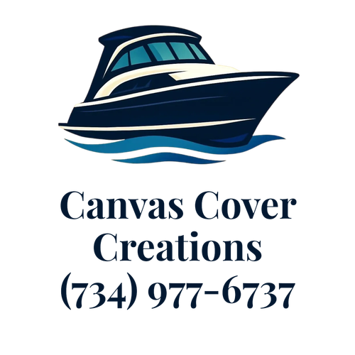 Logo of a boat with waves and contact info.