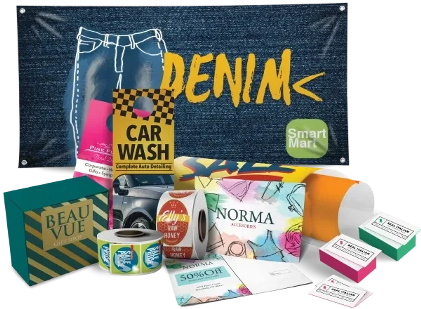 Collection of promotional flyers, boxes, and labels for various businesses and products.