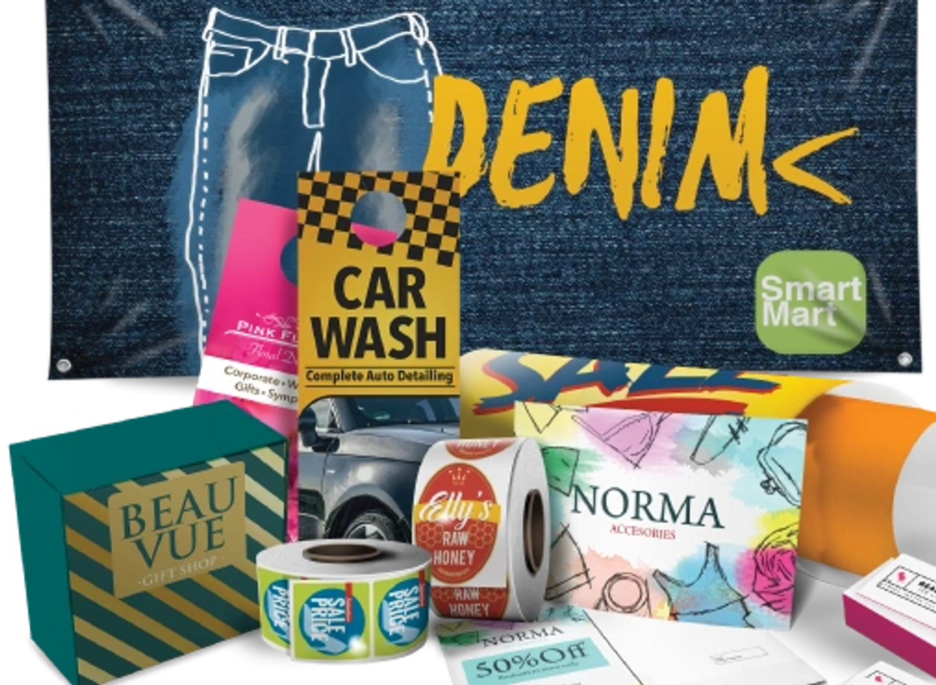 Collection of promotional flyers, boxes, and labels for various businesses and products.