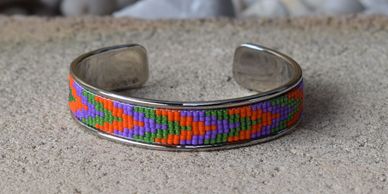 seed beads, handmade jewellery jewelry silver cuff with orange, purple and green 