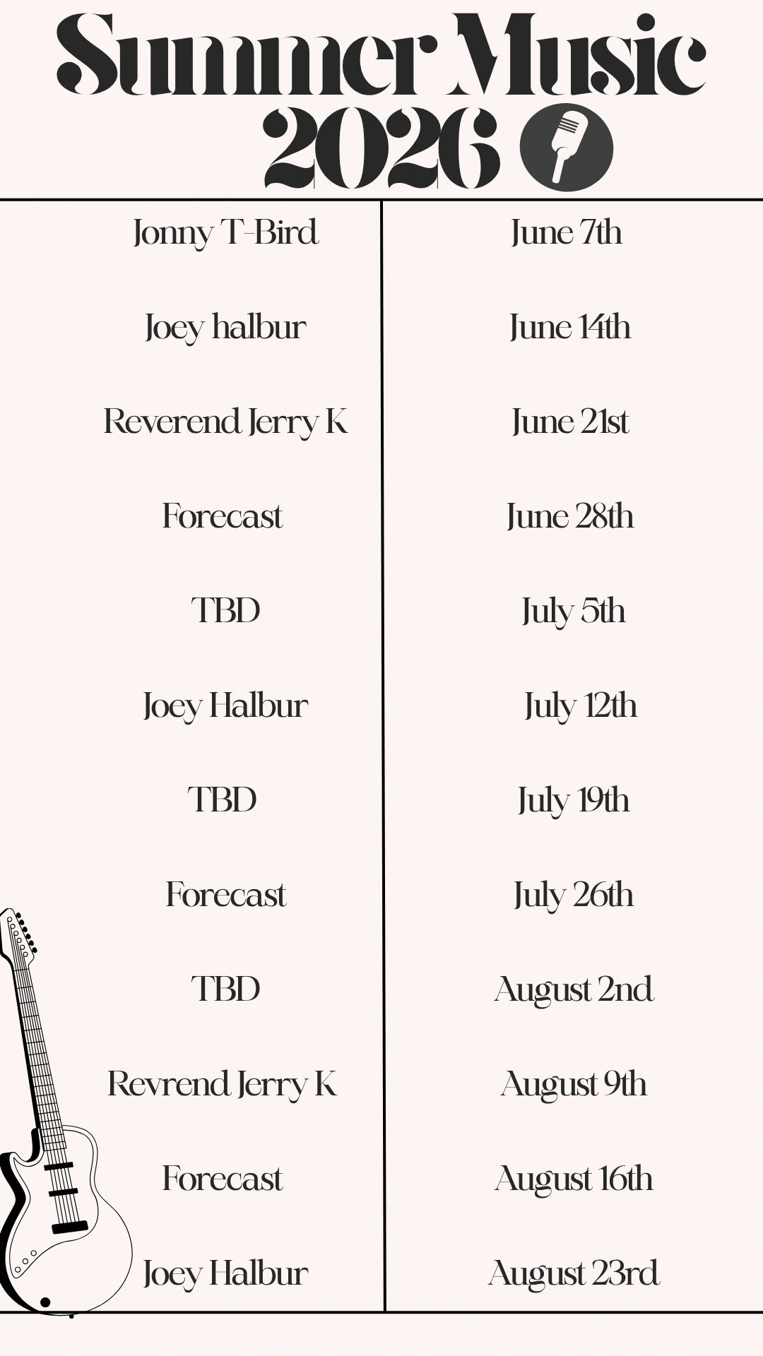 Summer Music 2026 lineup with artists and dates listed.