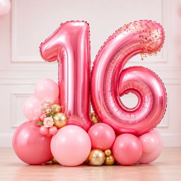 Pink balloon arrangement celebrating 16th birthday.