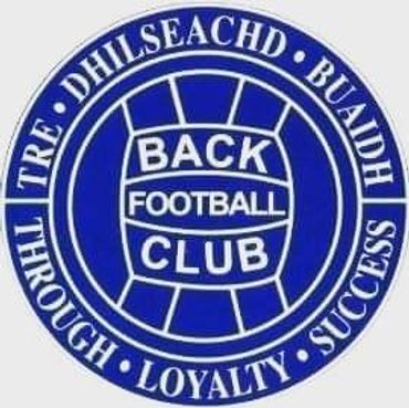 Blue and white Back Football Club logo with motivational words.
