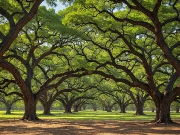 A symmetrical row of large oak trees with sprawling branches.