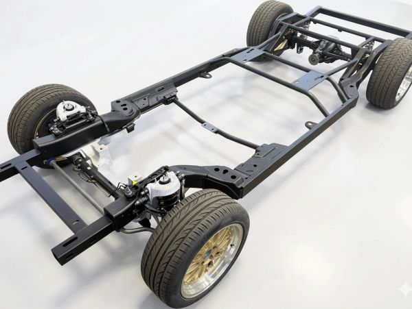 Car chassis with suspension and wheels.