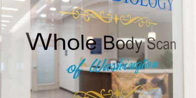 Whole body scan of Washington text on glass