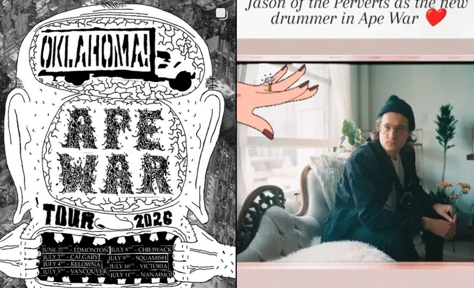A tour poster and a photo of a new drummer announcement.
