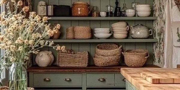 Cozy rustic kitchen with green cabinets, wicker baskets, and wooden accents.