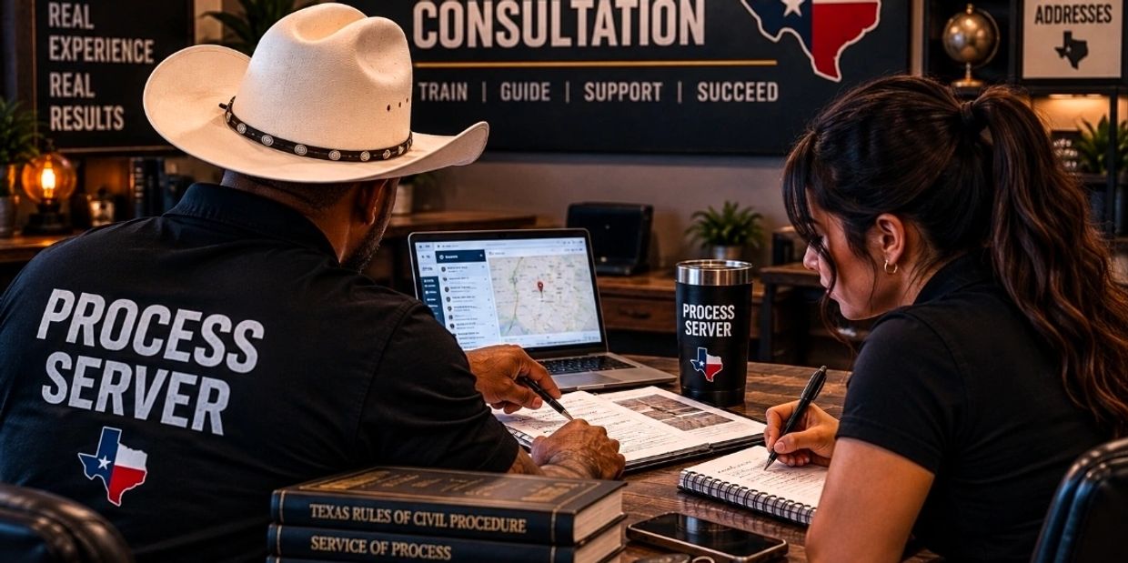 Two process servers working together at a desk with legal documents and a laptop.