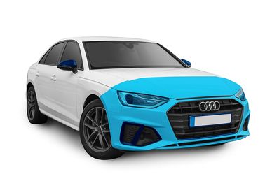 White Audi car with blue front highlights.