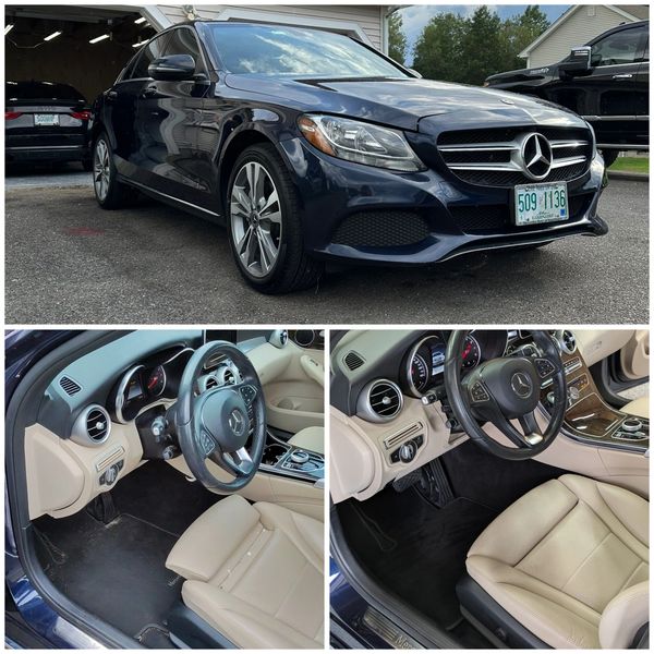 Exterior and interior views of a blue Mercedes-Benz car.