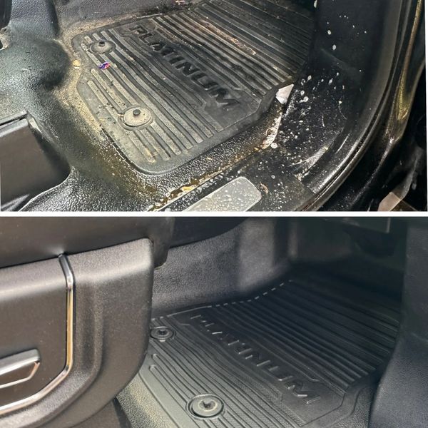Before and after cleaning a car floor mat.