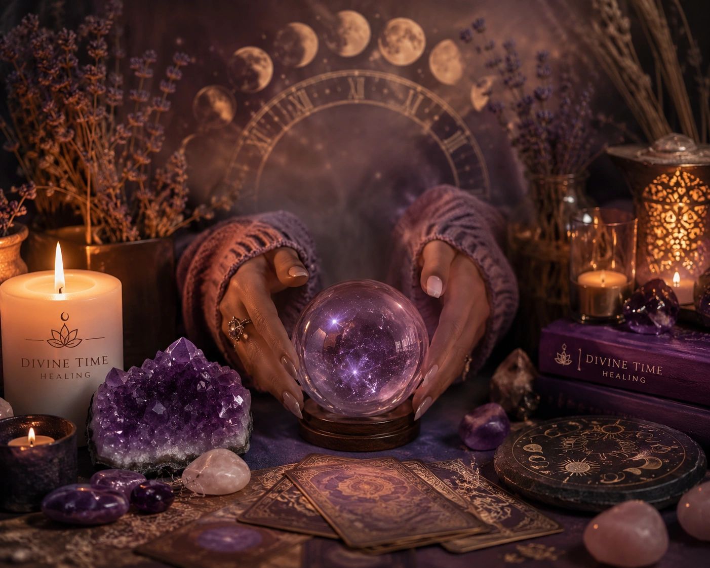 Hands around a glowing crystal ball amidst candles and tarot cards.
