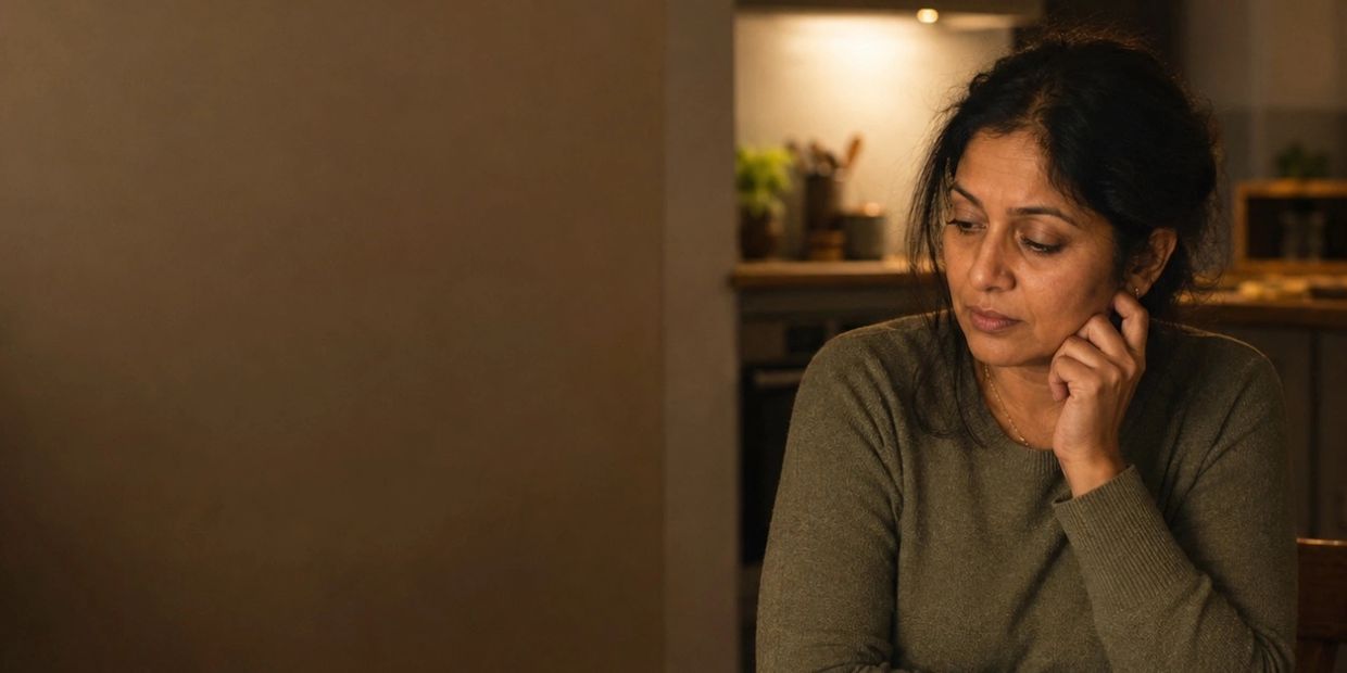 Thoughtful woman sitting alone in dimly lit room.