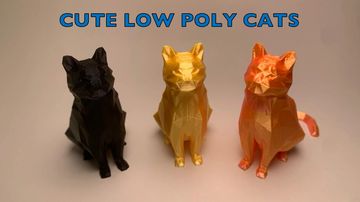 Three low poly cat sculptures in black, gold, and orange under the title 'Cute Low Poly Cats'.