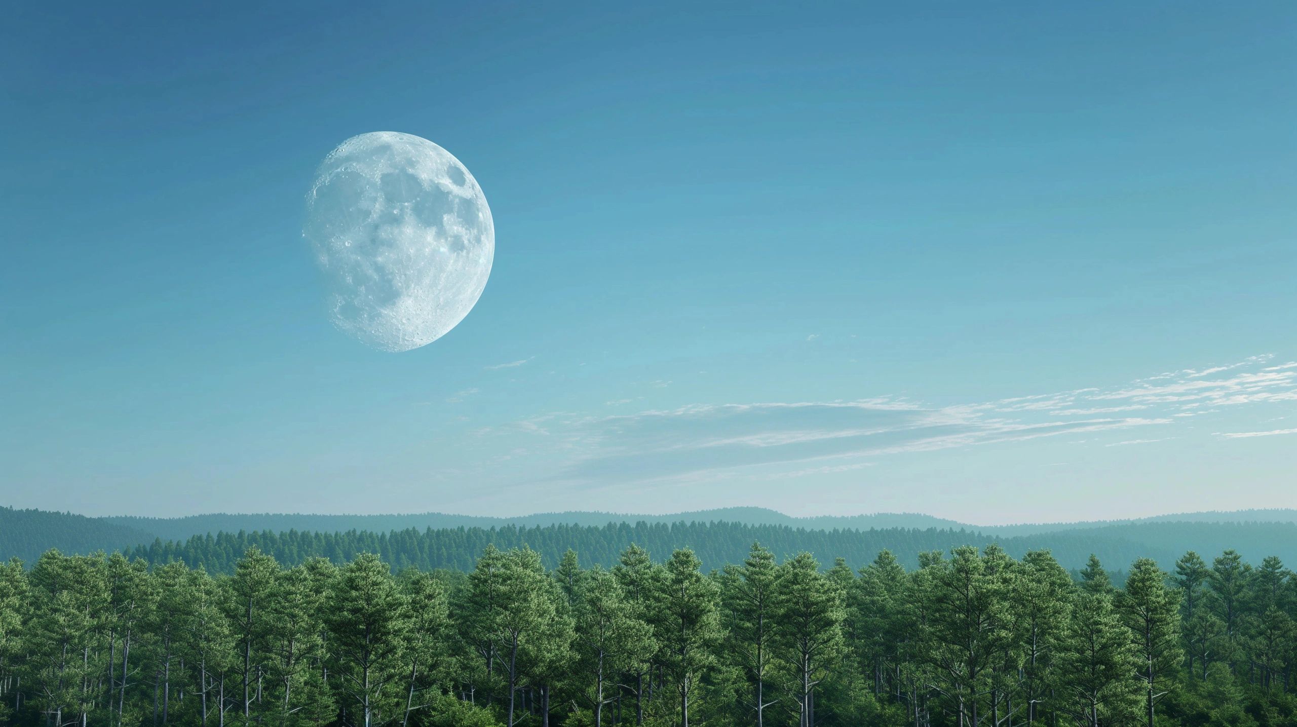 Moon sitting in the light sky with tree line below