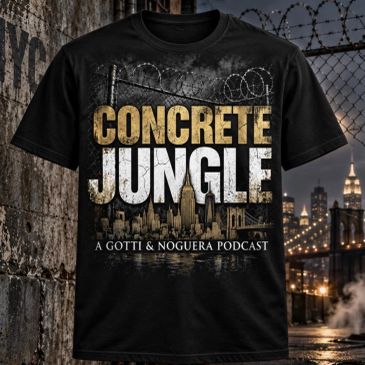 Black T-shirt with Concrete Jungle podcast logo and city skyline design.