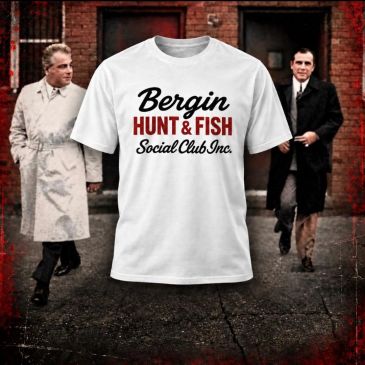 White T-shirt with Bergin Hunt &amp; Fish Social Club Inc. text.