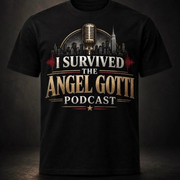 Black T-shirt with podcast survival message and city skyline.