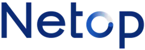 Logotipo de Netop con diseño moderno y colores azul y blanco.