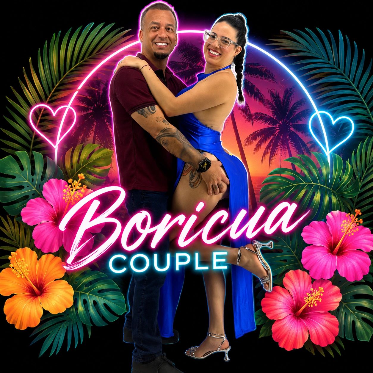 A happy couple posing with tropical and neon love-themed background.