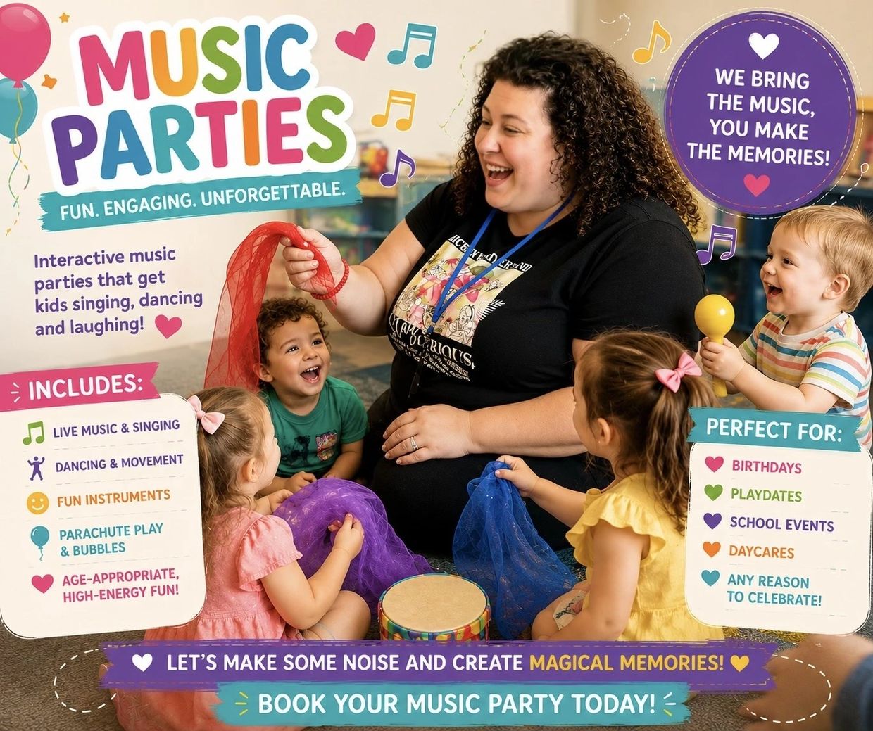 Interactive music parties for kids with singing, dancing, and fun instruments.