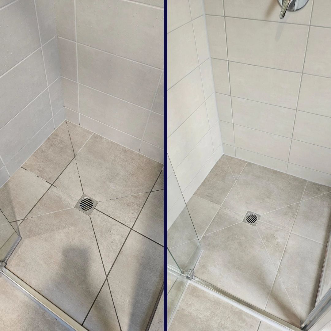 Before and after cleaning of a tiled shower floor with a drain.