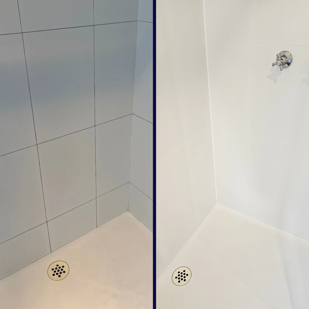 Before and after cleaning a shower corner with tiles and a drain.