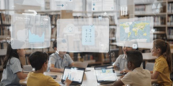 Children using laptops with futuristic educational interfaces in a library.