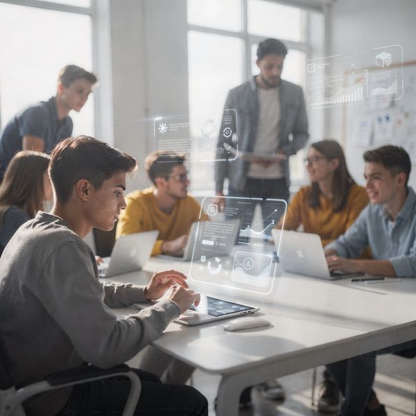 Young professionals collaborating in a bright office with futuristic digital interfaces.