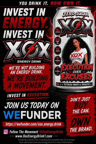 Advertisement for XOX energy drink promoting ownership through WeFunder.