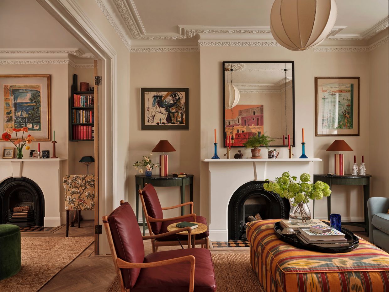 Cozy living room with vintage decor and warm tones.