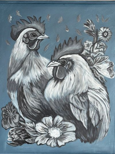 Blue and White Roosters 16x20”. $65